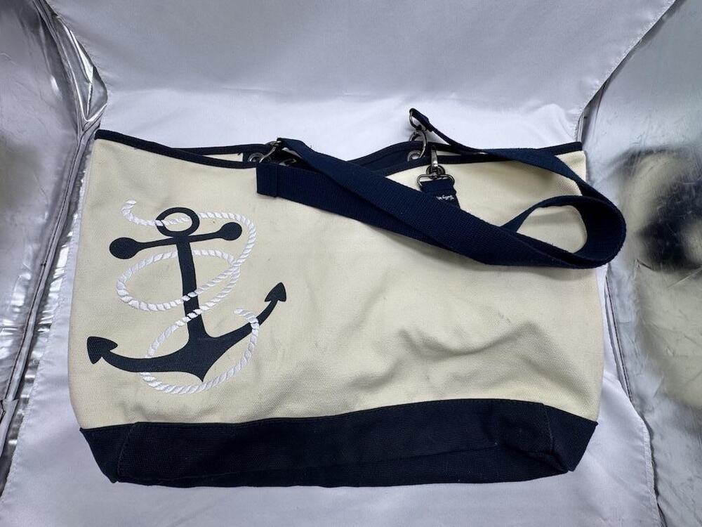 Thirty-One Canvas Crew Tote Bag Womens Large Blue Anchor Nautical Beach Purse